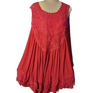 Boho Magenta Sleeveless Crochet Lace Tunic Top W/ Sheer Back